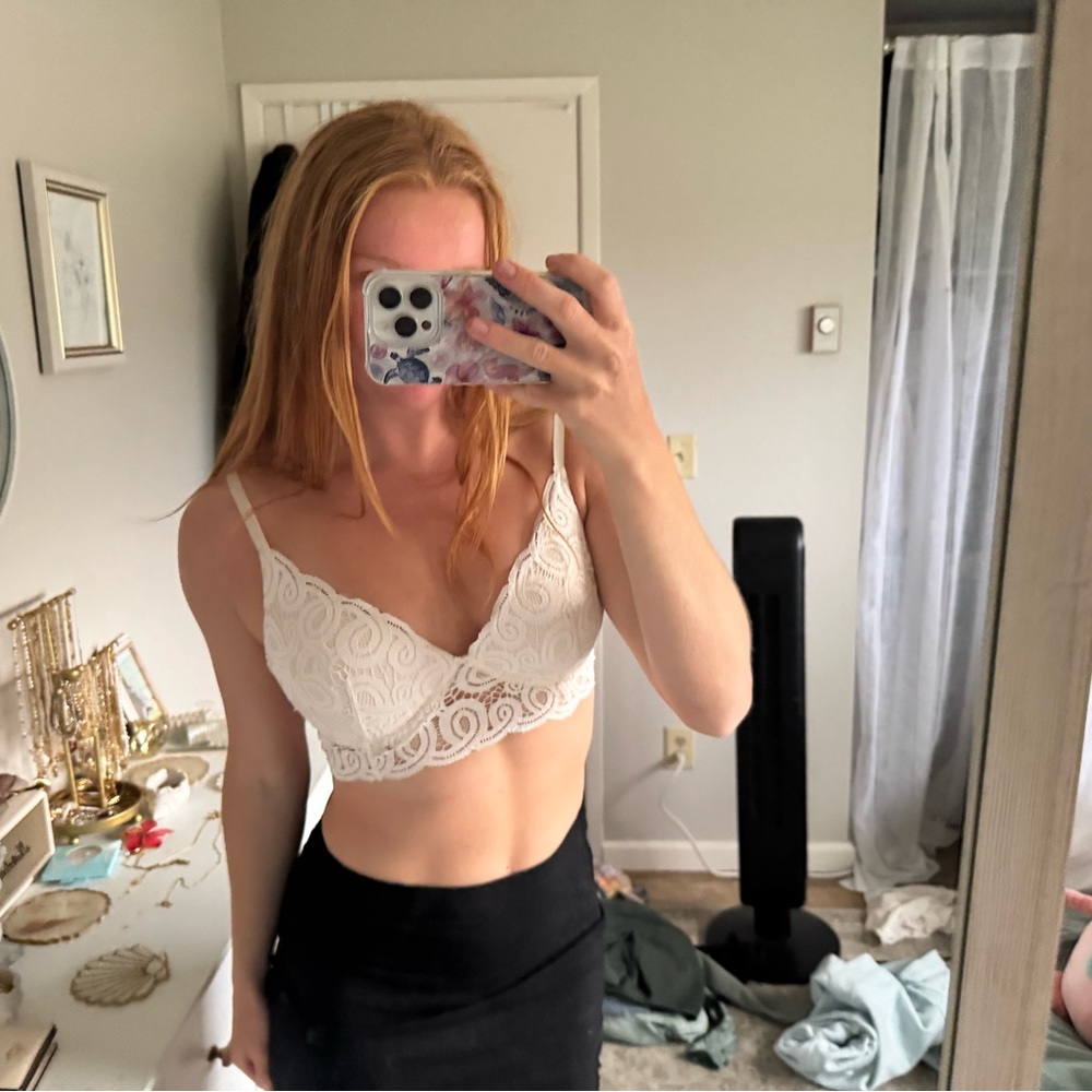 PINK Victoria's Secret White Lace Bra with Plunging V-Neckline